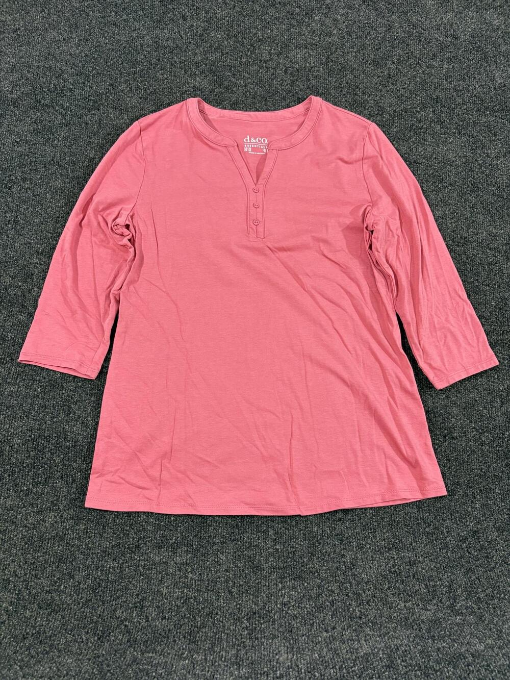 D&co Essentials Shirt Womens XS Pink Henley 3/4 Sleeve Stretch T Shirt